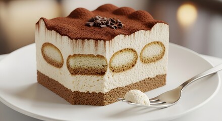 Exquisite square slice of classic Italian tiramisu dessert featuring ladyfingers cream and cocoa powder garnish served elegantly on a white plate.