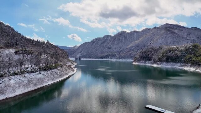 Winter scenery of "Aimata Dam" covered in snow, Gunma, Japan