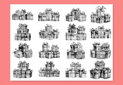 Vector watercolor painted style - gift boxes with stipple noise texture effect