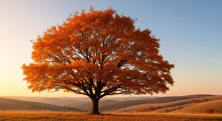 Solitary tree with orange autumn leaves, set against a backdrop of rolling hills at sunset, symbolizing serenity, nature's beauty, and seasonal change