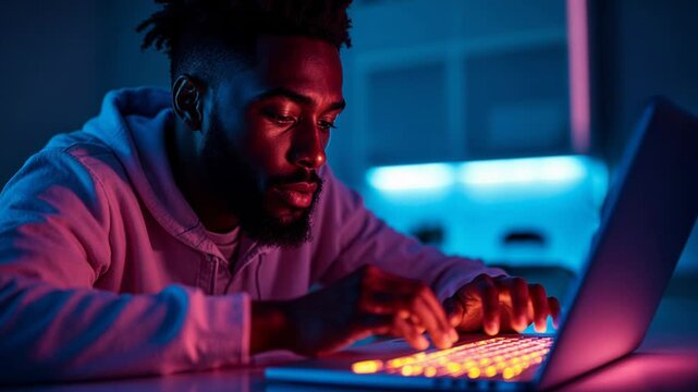 Young African American man coding on a laptop keyboard in a dark room with neon lights