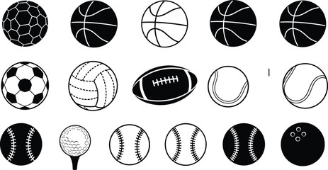 Sports Ball Vector Collection Featuring Soccer Basketball Football Baseball Tennis Golf and Bowling Icons for Athletic Competition Equipment Graphic Design Elements