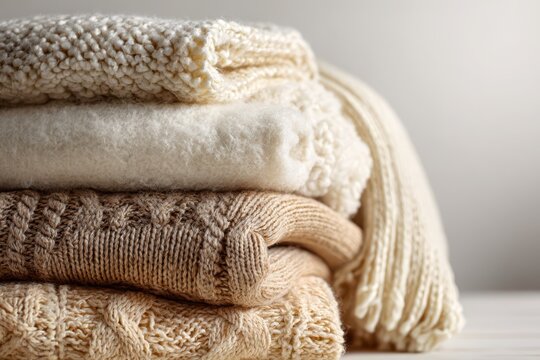 Cozy pile of blankets on a white background with soft textures and warm neutrals