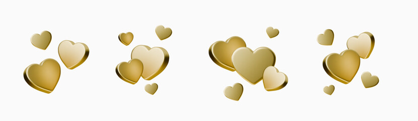 Set Golden 3D heart icon with luxurious metallic finish and glossy effect, perfect for romantic Valentines Day cards, wedding invitations, and love-themed designs.