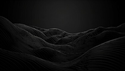 Dark abstract landscape of undulating black waves with subtle contour lines and surreal depth.