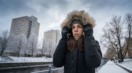Woman Wearing Black Winter Parka Fur Hood, Cold Weather Fashion, Freezing Snowy City Street, Outdoor Lifestyle Portrait, Moody Gloomy Urban Background, Seasonal Travel, Copy Space