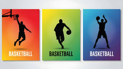 Basketball players in action with rainbow background