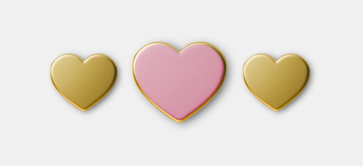 Pink heart balloons and golden elements create a romantic 3D set ideal for Valentines Day cards, love-themed designs, party decorations, and emotional social media content.