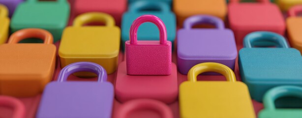 Fototapeta premium Friendly Cyber Defense Colorful Security Padlocks with Central Magenta Lock Highlighting Unique Protection and Digital Trust