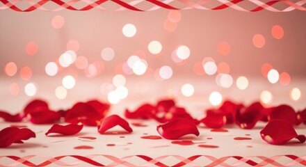 Romantic Valentine's Day setting with red rose petals and sparkling light effects