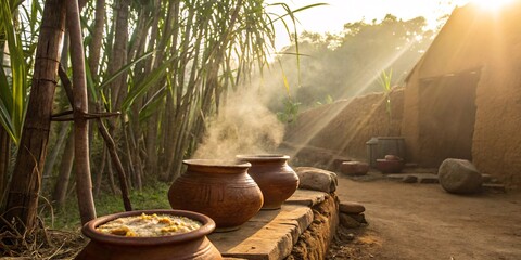 Traditional clay pots steaming with food in rural village setting