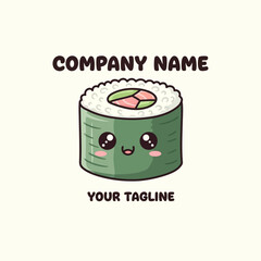 Cute Sushi Roll Character with Happy Face and Company Name.