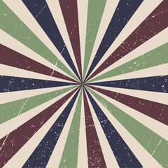 Retro geometric background with rays radiating from center in dark burgundy, cream, green, and blue vintage style with copy space