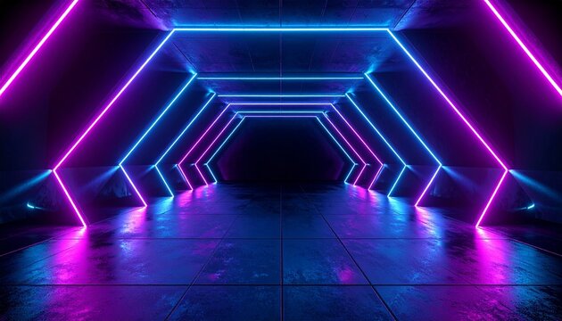 Futuristic neon tunnel with hexagonal symmetry, glowing blue and pink lights, cyberpunk ambiance. - Powered by Adobe