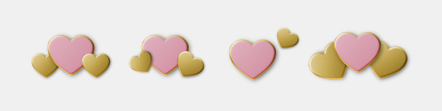 3D heart icon set with pink and gold, perfect for Valentines Day designs, romantic greetings, love symbols, social media reactions, and festive celebration graphics.