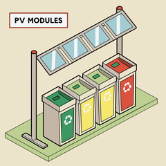 Illustrated Recycling Station for Solar Panels with Multiple Bins