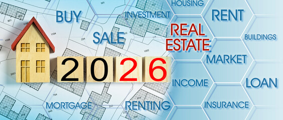 2026 BUILDING ACTIVITY AND CONSTRUCTION INDUSTRY HOUSING CONCEPT - 2026 Real Estate and Homeowner Association development concept with residential home model and cadastral map