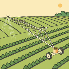 Irrigation pivot system watering crops on a sunny field