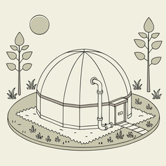 Isometric illustration of a bio digester dome with pipes and a door