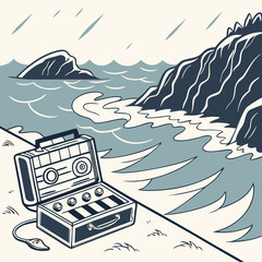 Retro cassette player on a beach with stormy waves