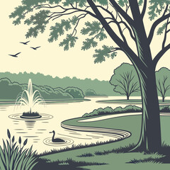 Scenic View of Pond with Fountain and Lush Green Surroundings