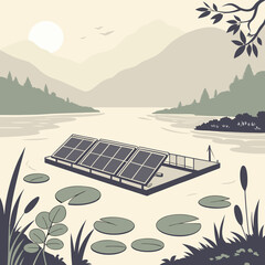Solar Panel Array Floating on Calm Water Near Mountains