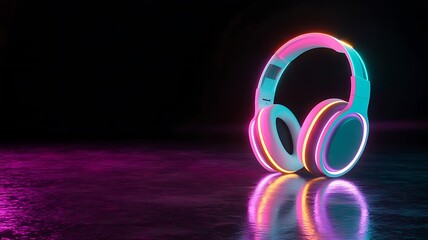 Vibrant neon headphones illuminating a dark surface