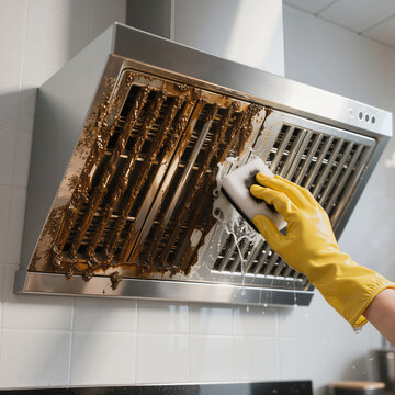 Hand in a yellow rubber glove cleaning a very greasy and dirty stainless steel kitchen exhaust hood with a sponge. Professional restaurant vent cleaning and degreasing service.