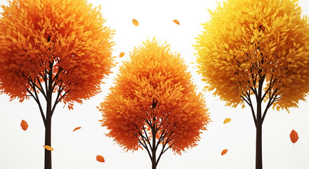 Three stylized autumn trees with orange and yellow leaves against a white background, showcasing fall season beauty and nature's color palette, ideal for seasonal designs
