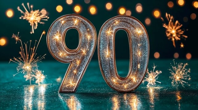 Stylish 90th Anniversary Celebration with Shiny Silver Numbers and Emerald Green Background Decor.