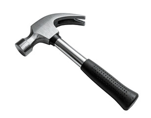Silver hammer with black grip, against a black background