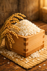 枡に入れた新米と稲穂
