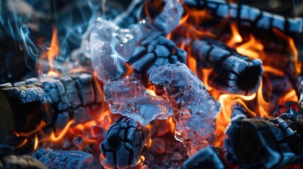 Opposite Day: A blazing campfire with flames that are made of solid ice crystals, ultra-realistic photography, the ice flames are transparent blue and white with frost patterns