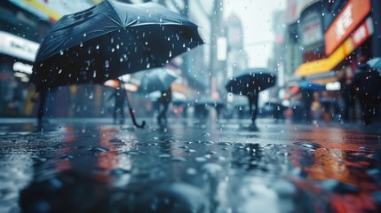 Opposite Day: photograph of water droplets falling upward from wet pavement toward storm clouds above, reversed gravity effect, urban street scene