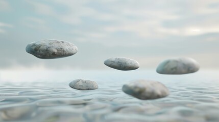 Opposite Day: abstract image of stones floating in all directions with no clear up or down, horizon dissolved, calm meditative mood, soft neutral colors