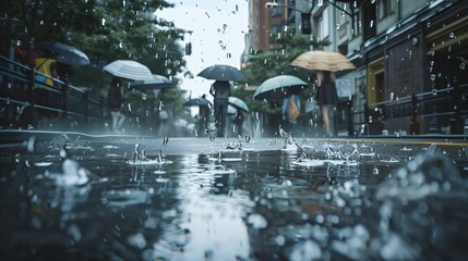 Opposite Day: photograph of water droplets falling upward from wet pavement toward storm clouds above, reversed gravity effect, urban street scene
