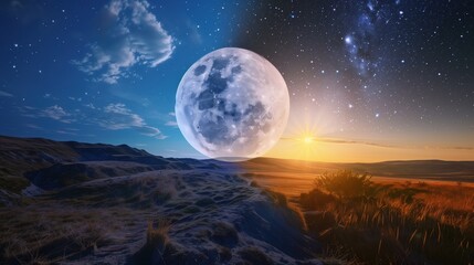 Opposite Day: Split composition photograph, left side shows full moon illuminating a bright sunny daytime landscape with blue sky, right side shows the sun as a glowing orb in a starry night sky