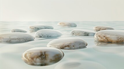 Opposite Day: abstract image of stones floating in all directions with no clear up or down, horizon dissolved, calm meditative mood, soft neutral colors