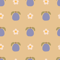 Plum Fruit Blossom Seamless Pattern. Soft Hand Drawn Garden Plant Background with gentle flowers and pastel colors. Vector illustration in minimal cut out style