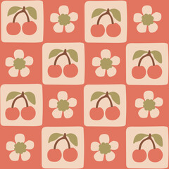 Cherry Blossom Gingham Seamless Pattern. Hand Drawn Spring Abstract Background with Square Block Shapes Flowers and Leaves. Vintage Repeat vector illustration