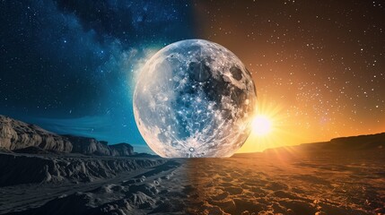 Opposite Day: Split composition photograph, left side shows full moon illuminating a bright sunny daytime landscape with blue sky, right side shows the sun as a glowing orb in a starry night sky