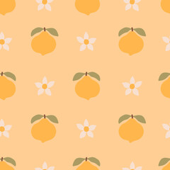 Lemon Fruit Blossom Seamless Pattern. Bright hand Drawn Yellow Citrus Background with White Flowers and Leaves. Modern Minimal Cut Out style. Vector illustration
