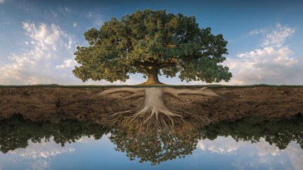 Opposite Day: photograph of large oak trees growing upside down, roots spreading through blue sky and clouds, thick trunk extending downward