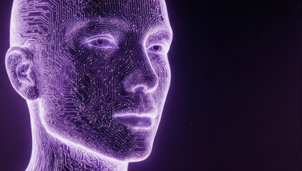 Futuristic Digital Human Head with Purple Glow on Dark Background.