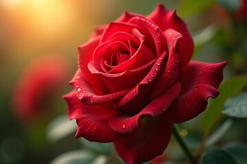 Stunning close-up of a vibrant red rose with dewdrops in a lush garden