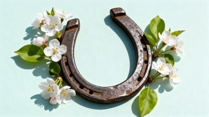 Horseshoe decorated with a floral wreath of spring flowers, symbol of luck, renewal, and positive energy on a bright background