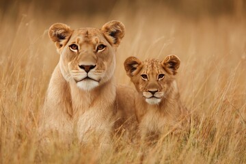 A mother lioness and her cub gaze attentively from the tall grasses of the savanna