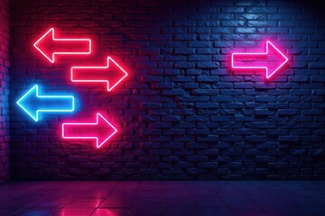 Neon arrows point directions on brick wall Retro vibe , colorful, abstract, glowing