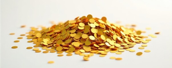 Pile of golden confetti, gleaming on pure white background, confetti, macro