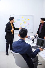 Businessmen Engaged In Strategic Discussion In Modern Office Setting With Whiteboard And Laptops